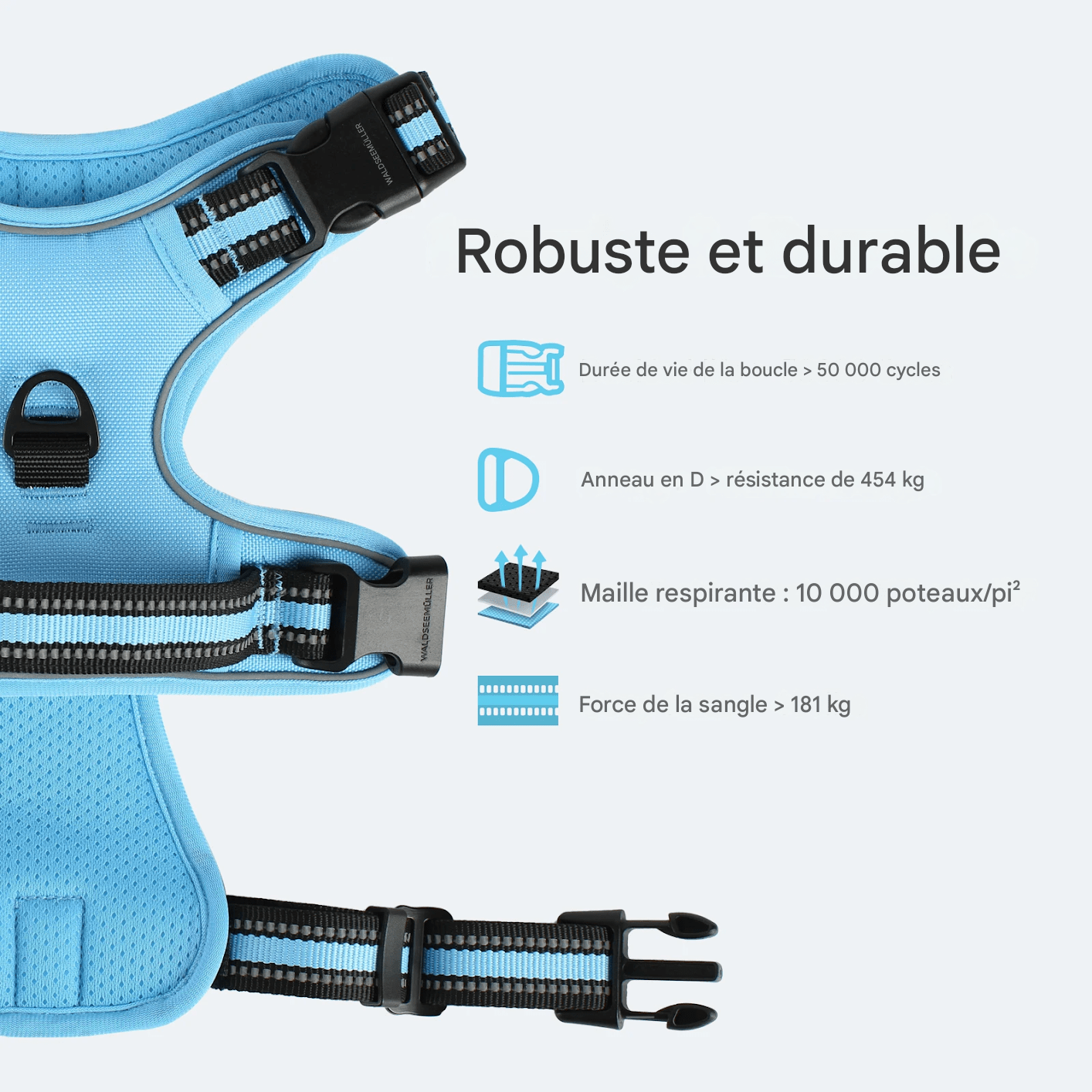 Harnais pour chien bleu robuste avec détails techniques sur sa résistance et sa maille respirante.