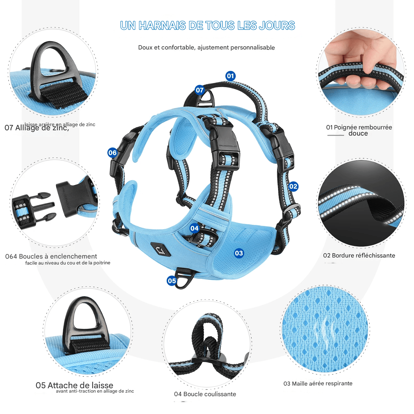 Harnais pour chien bleu avec détails techniques sur le rembourrage, les boucles et les bandes.